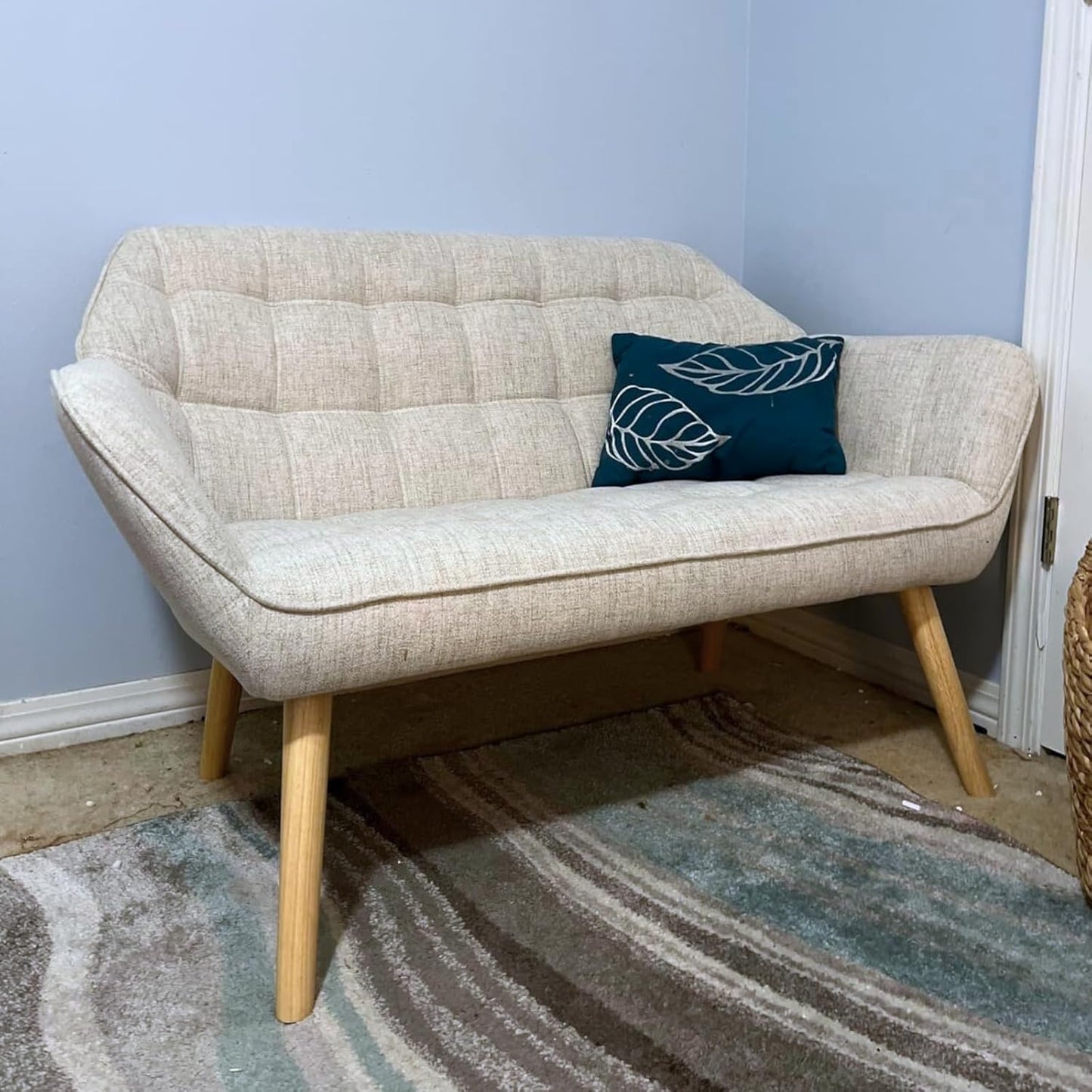 48”Small Loveseat Sofa, Modern Linen Upholstered Mini Couch 2-Seater Fluffy Love Seat with Quilting Backs and Wood Legs for Small Space Living Room, Bedroom, Beige