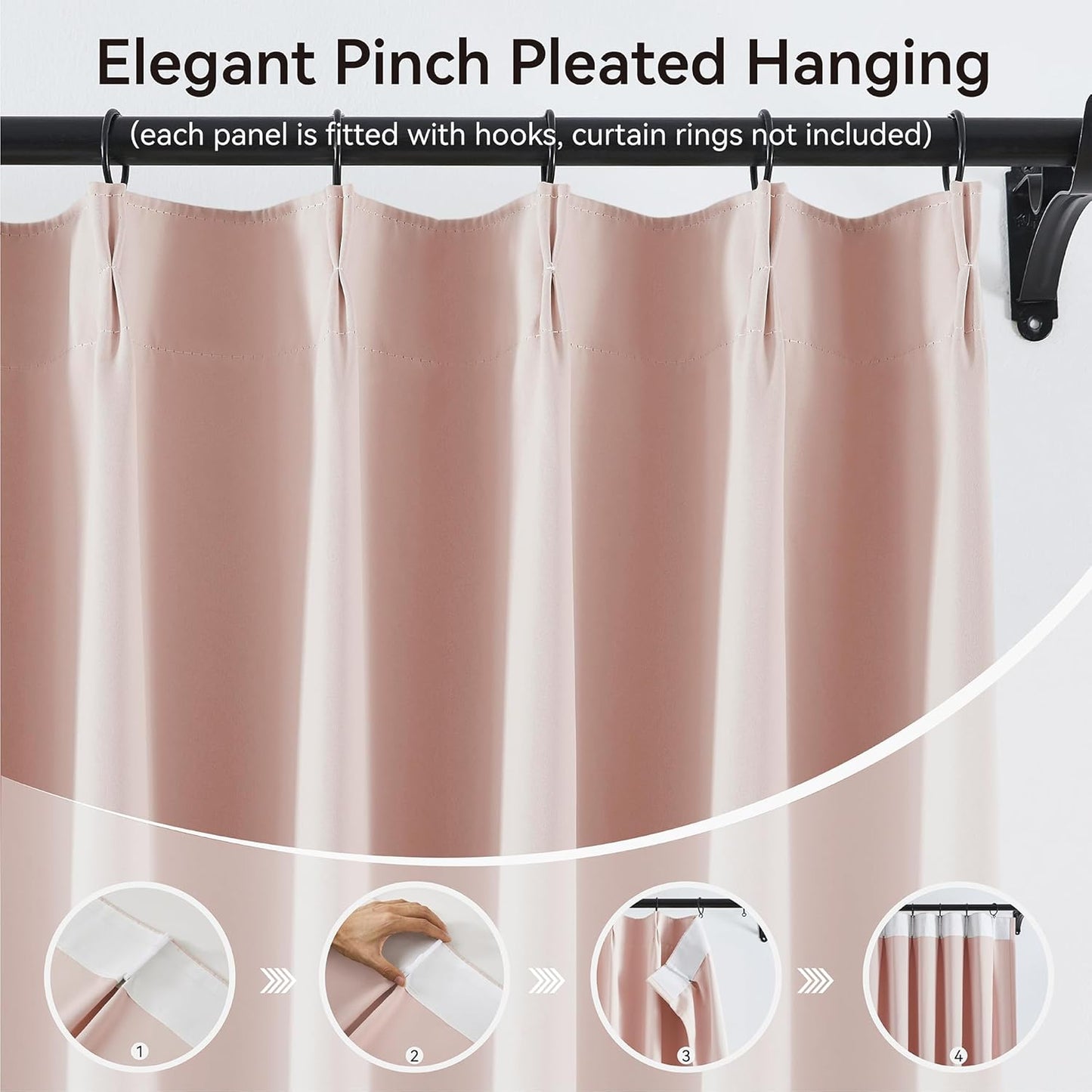 KangBang Soft Pink Blackout Pleated Curtains with Hooks for Living Room, Energy Saving Window Treatment Privacy Draperies for Bedroom Dorm, Vertical Track System Elegant Hook Panels 2 PCs, 40x108