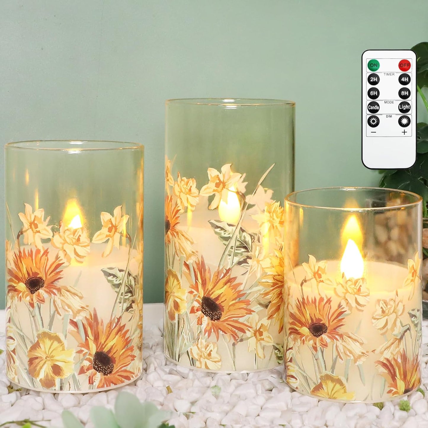 MELTONE Autumn Sunflower Flameless Candles Remote Real Wax Flickering Battery Operated Glass Candles - Home Party Bedroom Birthday Christmas Summer Fall Decorations