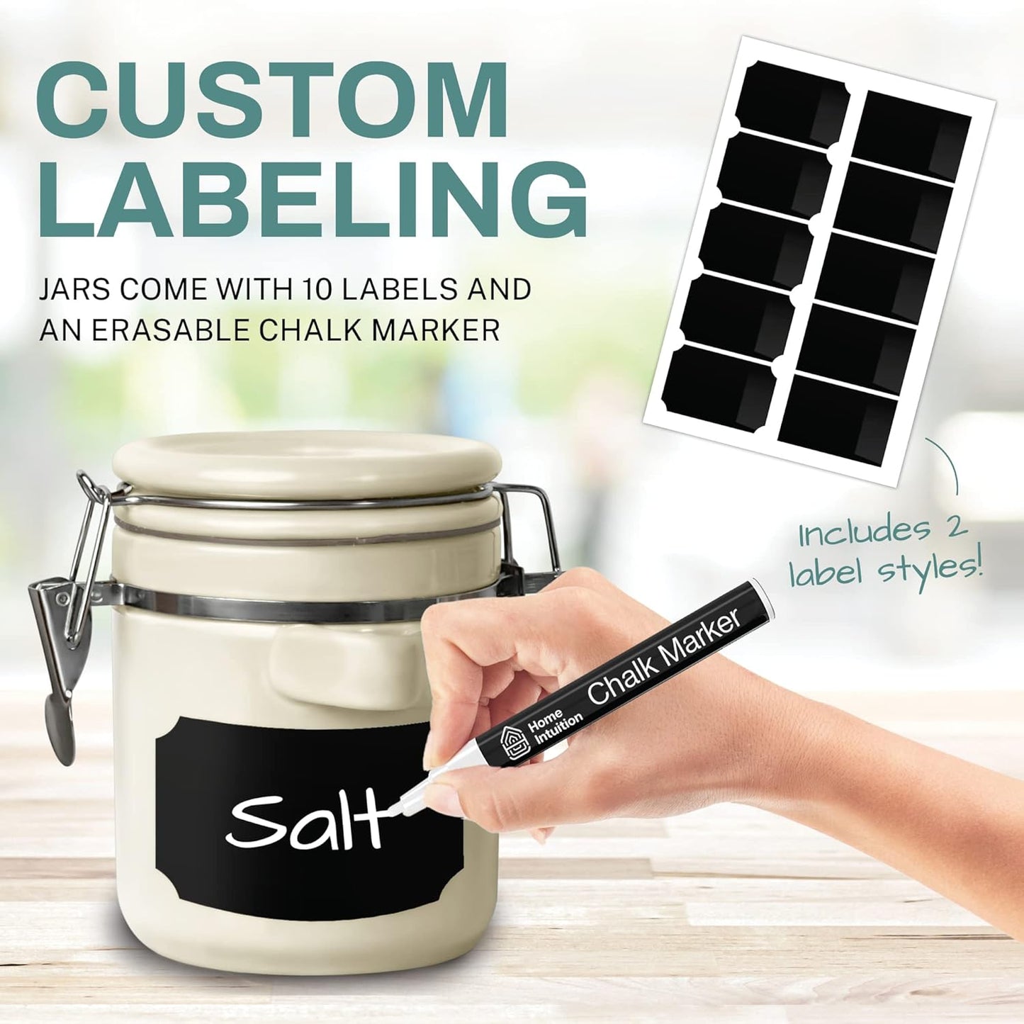 Home Intuition 4-Piece Ceramic Kitchen Canisters Set, Airtight Containers with Wooden Spoons Reusable Chalk Labels and Marker for Sugar, Coffee, Flour, Tea (Off White)