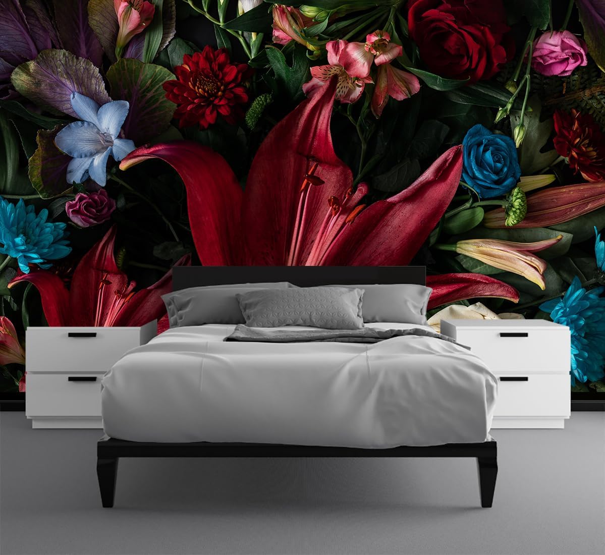 Large Dark Floral Wallpaper Colorful Spring Flowers Background Wall Mural (Not Peel and Stick)