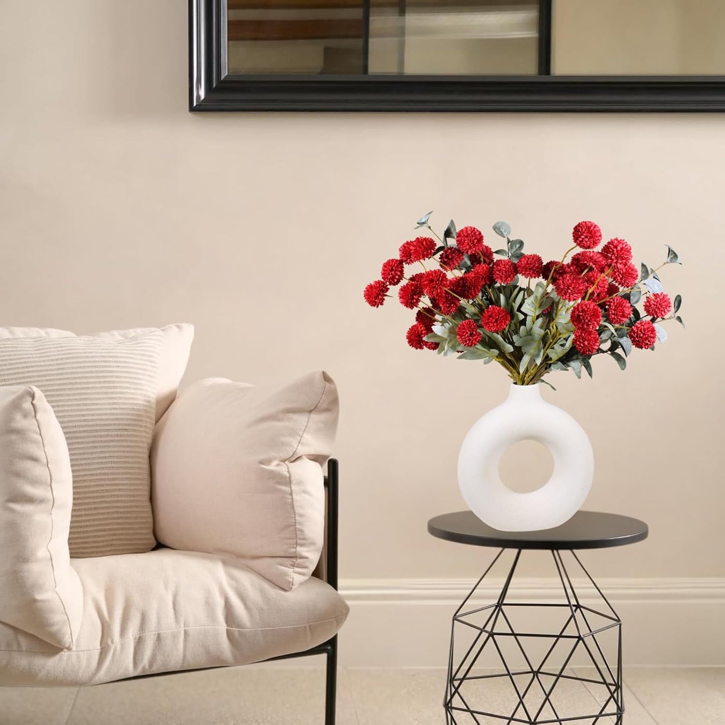 Burgundy Flowers, Maroon Artificial 10 Long Stems + Eucalyptus, Wine Colored Silk Flowers for Burgundy Decor, Fall Table Centerpieces, Dark Red Faux Mums, Thanksgiving Centerpieces For Tables