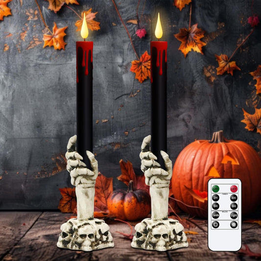 GenSwin Halloween Black Taper Flameless Candles with Ghost Hand Candlesticks and Remote Timer, 2 Pcs Battery Operated Taper Candles with Holder and 3D Flame for Halloween Decor