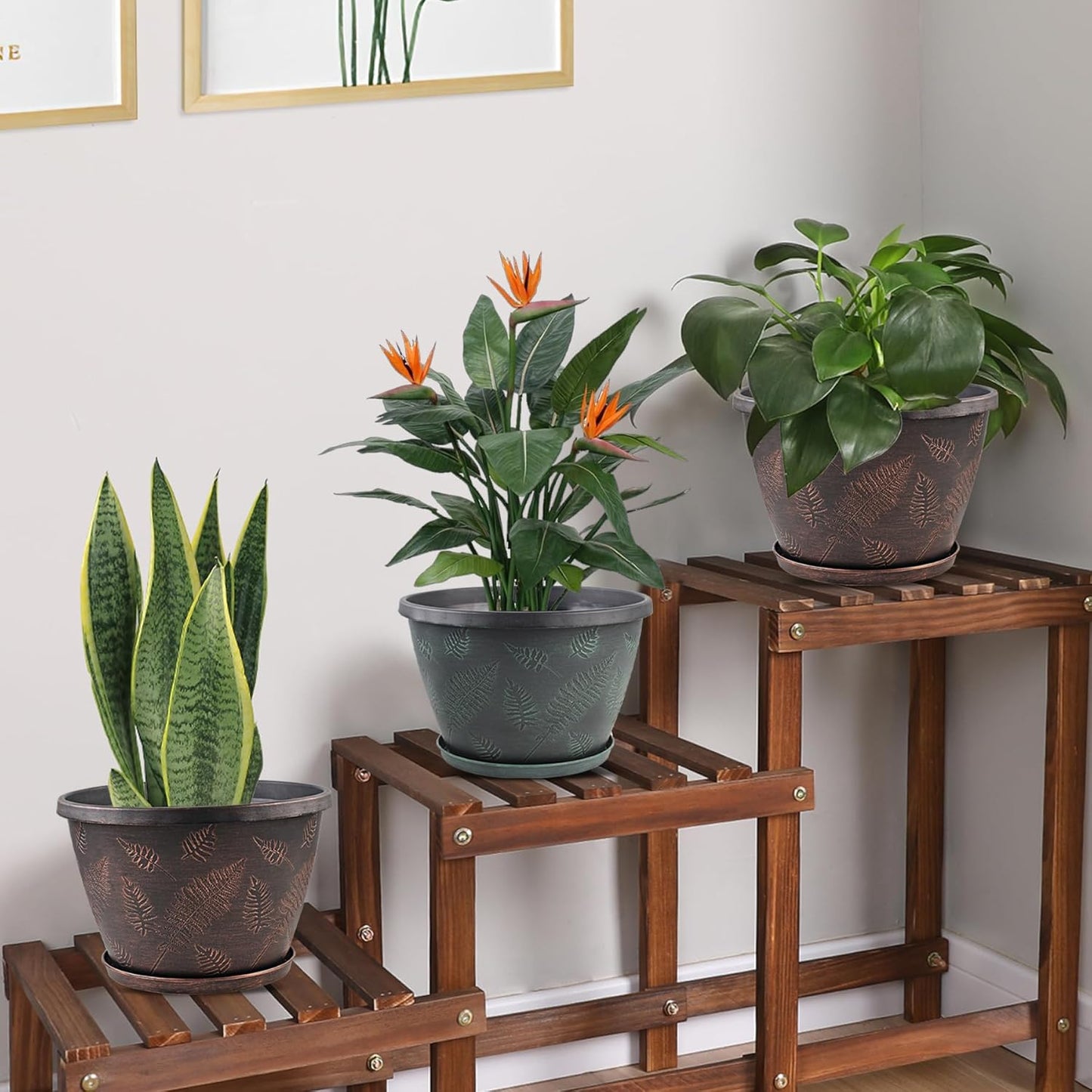 11 inch Plant Pot, 3 Pack Large Pots for Plants, Flower Pots with Drainage Hole & Saucer, Modern Planters for Indoor Outdoor Plants, Decorative Plastic Garden Pots (Copper)