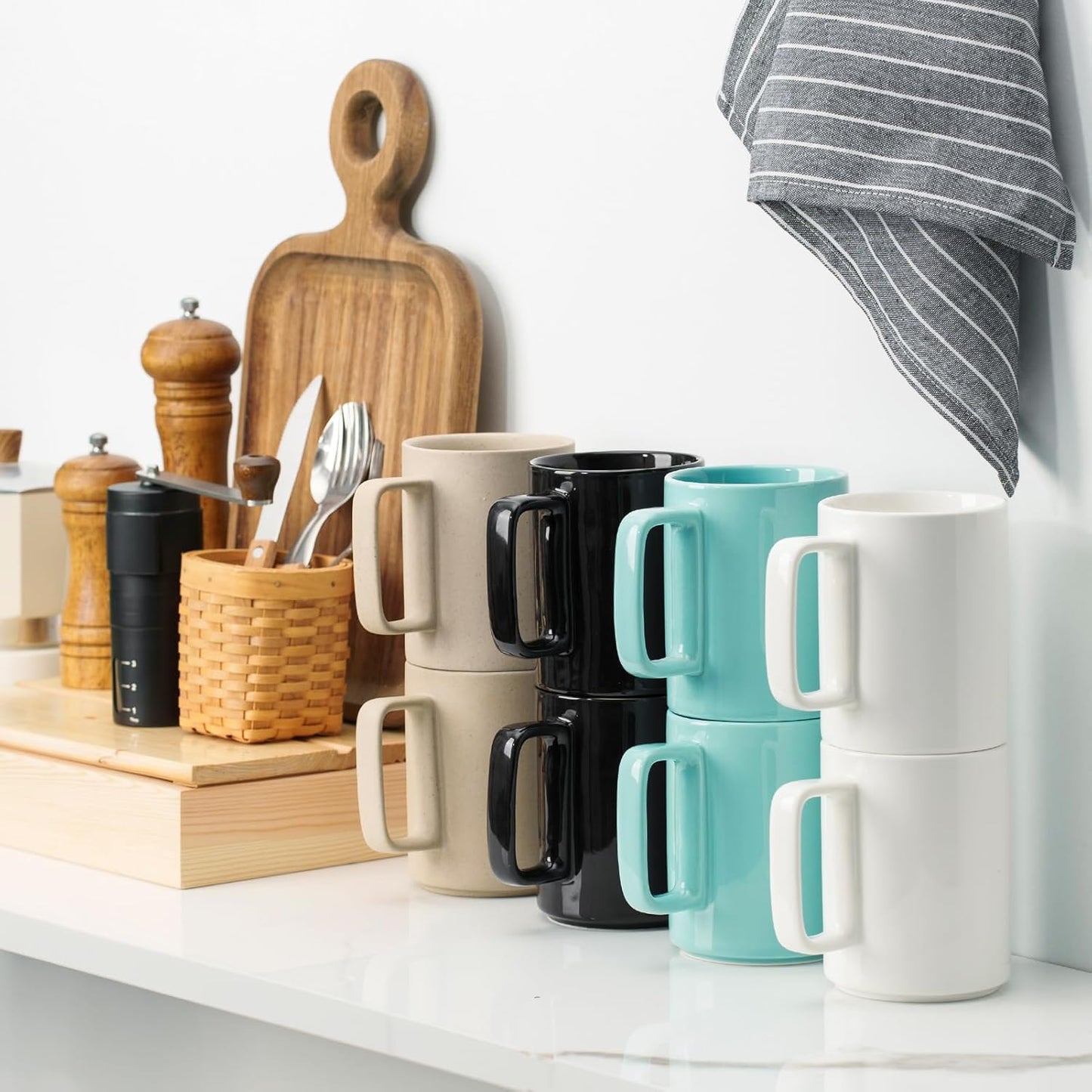 E-liu Porcelain Tea Mugs Coffee Mug Set, Large 15 Ounces Cups for Coffee, Tea, Cocoa, and Mulled Drinks, Set of 6, Turquoise