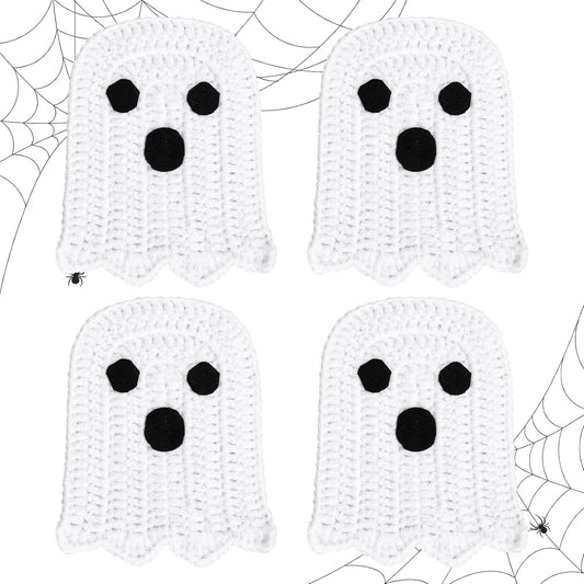 Whaline 4Pcs Halloween Ghost Coasters Handmade Crochet Drink Coasters Woven Fabric Cup Mat for Home Kitchen Party Table Decor
