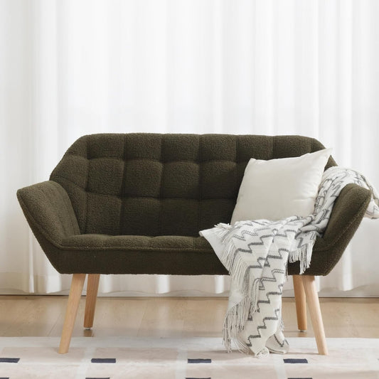 48”Small Loveseat Sofa, Modern Sherpa Upholstered Mini Couch 2-Seater Fluffy Love Seat with Quilting Backs and Wood Legs for Small Space, Living Room, Bedroom, Green