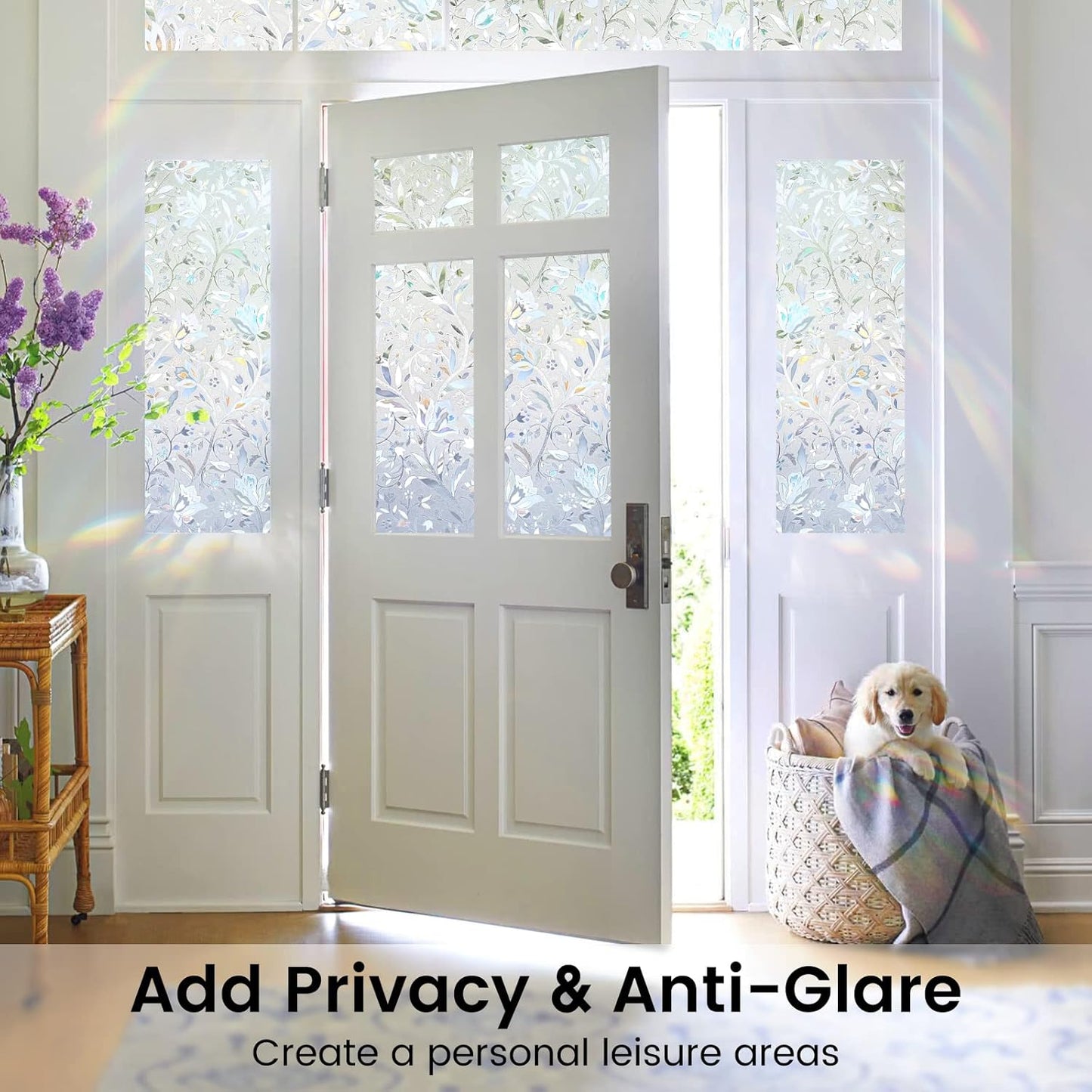 DOWELL Window Privacy Film, 3D Stained Glass Rainbow Films, Decorative Window Vinyl Sun Blocker Door Covering, Static Cling Non-Adhesive Glass Sticker for Home, Blooming Flowers, 23.6"x78.7"