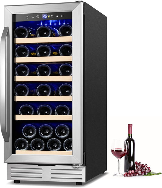 15 Inch Wine Fridge 32 Bottles Wine Cooler Refrigerator Undercounter Wine Fridge with Glass Door, LED Light, Removable Wooden Shelves, Built-in or Freestanding Wine Refrigerator for Home Office Bar