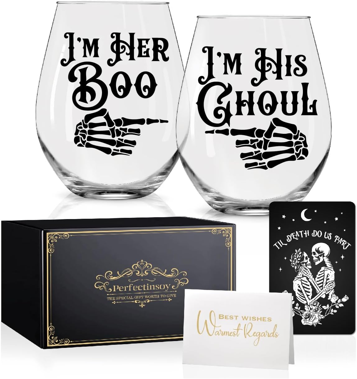 Perfectinsoy Skull Wine Glass 2 Piece with Gift Box, Zombie Design, Valentine's Day Autumn Halloween, Anniversary Wedding Gifts, Couple Gifts for Boyfriend and Girlfriend. (Her His Set of 2)