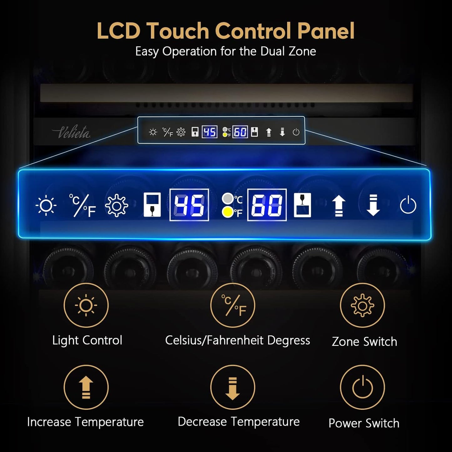 24 Inch Wine Cooler Fridge Dual Zone, Professional Large Capacity High Wine Refrigerator with Powerful Compressor, Quiet Operation and Elegant Design-KMHJ408D