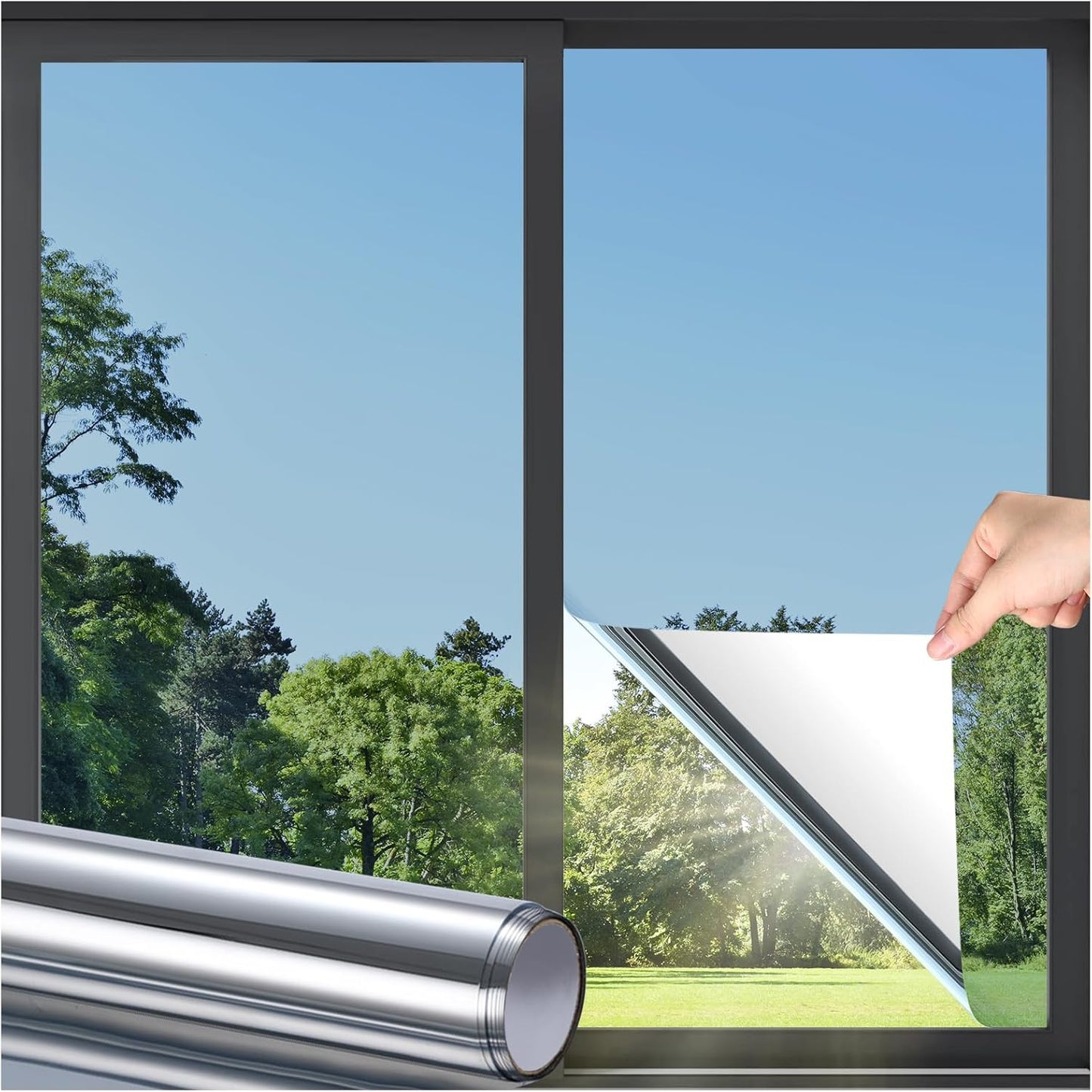 DOWELL Window Privacy Film, One Way Window Tint for Home, Static Cling Anti UV Sun Blocking Reflective Mirror Film, Heat Control See Out Not in Glass Tinting, Silver, 23.6" x 118"