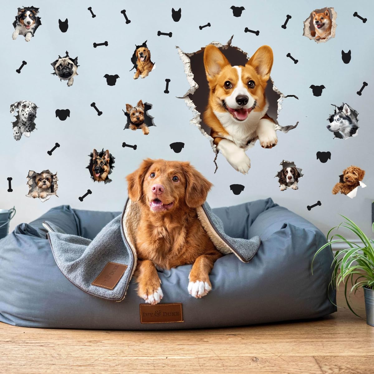Large 3D Dogs Wall Stickers,Lovely Pet Dog with Bone Vinyl Wall Decals, Removable Dog Crack Hole Wall Art for Dogs Lover Bedroom Playroom Pet Shop Decor