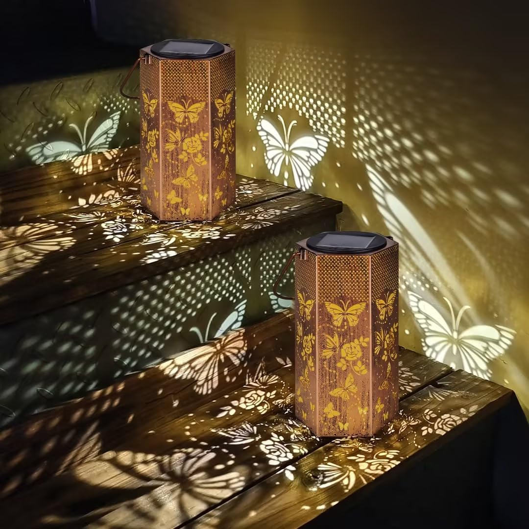 2 Pack Butterfly Solar Lanterns Outdoor Waterproof - Birthday Gifts for Women, Mom, Butterflies Solar Lights Outdoor Hanging Garden Decor for Outside, Patio, Outdoor, Yard, Lawn, Balcony