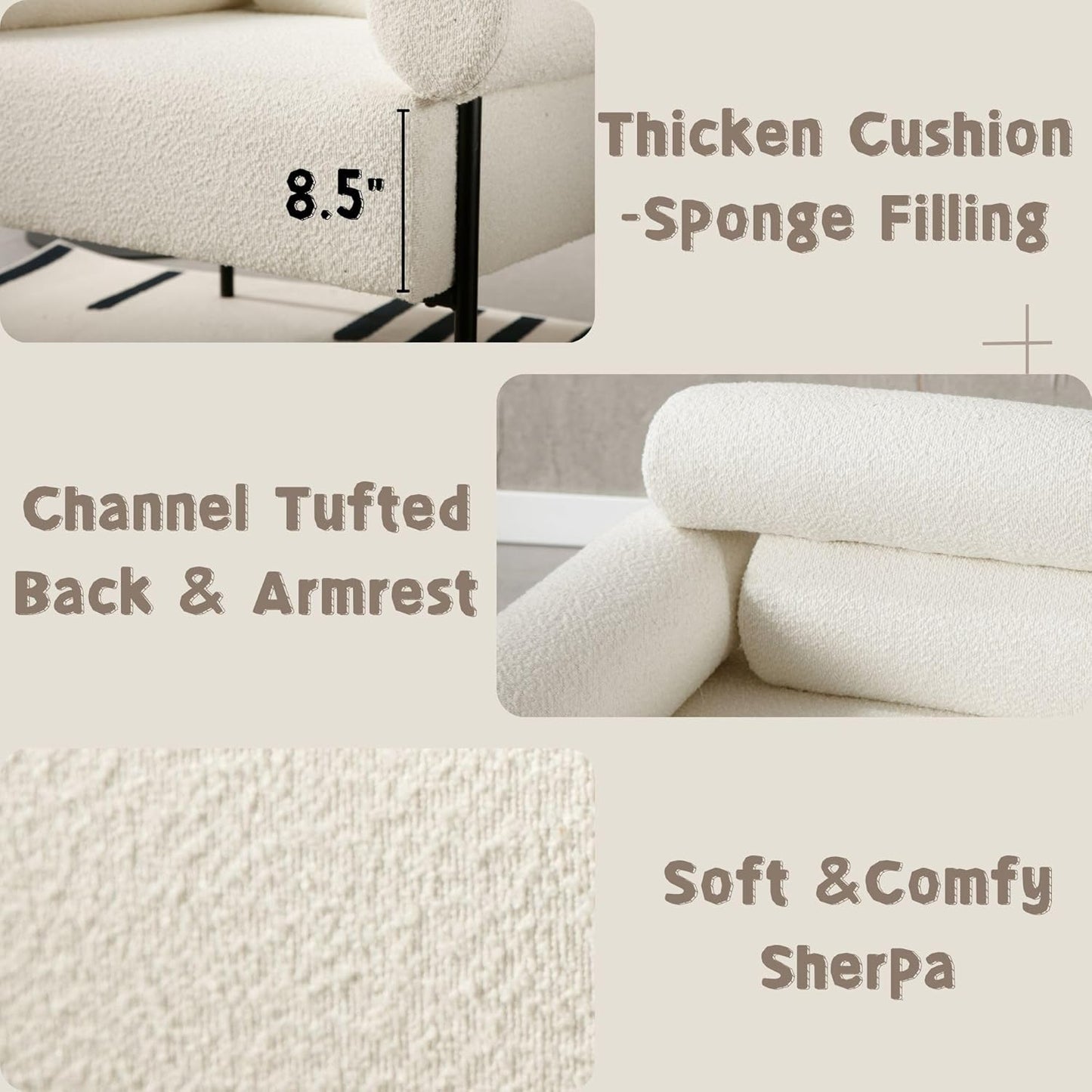 Modern Accent Chairs Set of 2, Boucle Sofa Accent Chairs for Living Room, Oversized Upholstered Sherpa Mid-Century Office Reading Armchairs with Channel Tufted for Bedroom, White