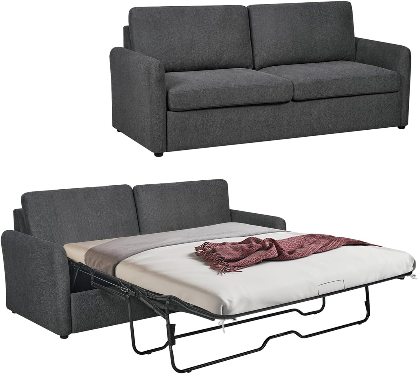 Queen Size Pull Out Sofa Bed, Convertible Sleeper Sofa Couch with Pullout Bed, 2 in 1 Sofa Bed Couch with Memory Foam Mattress for Living Room Office, Space-Saving, Dark Grey