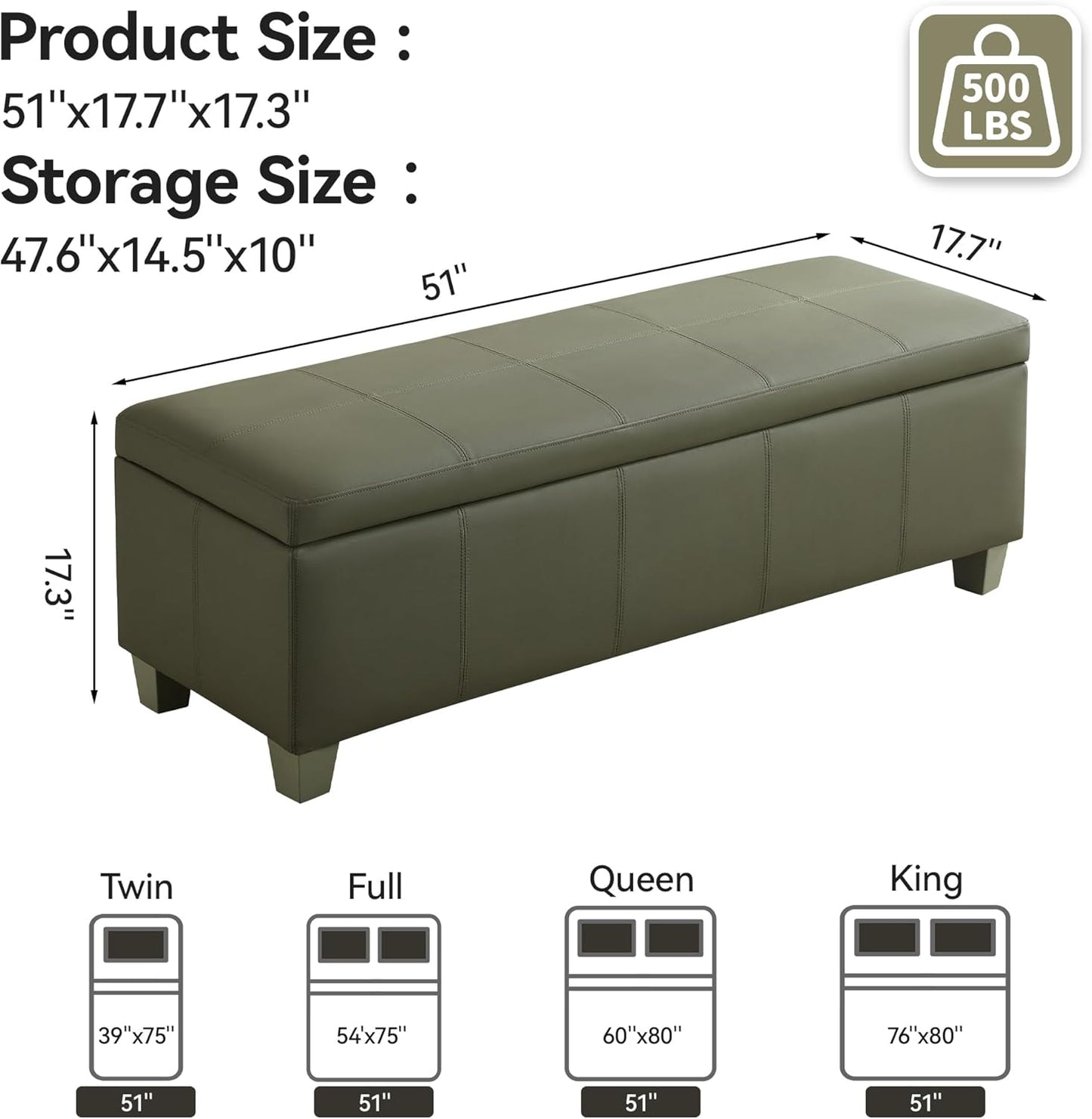 51" Faux Leather Storage Ottoman, Stitch Tufted Rectangle Upholstered End of Bed Storage Bench, Entryway Large Couch Ottoman with Wooden Legs,Green