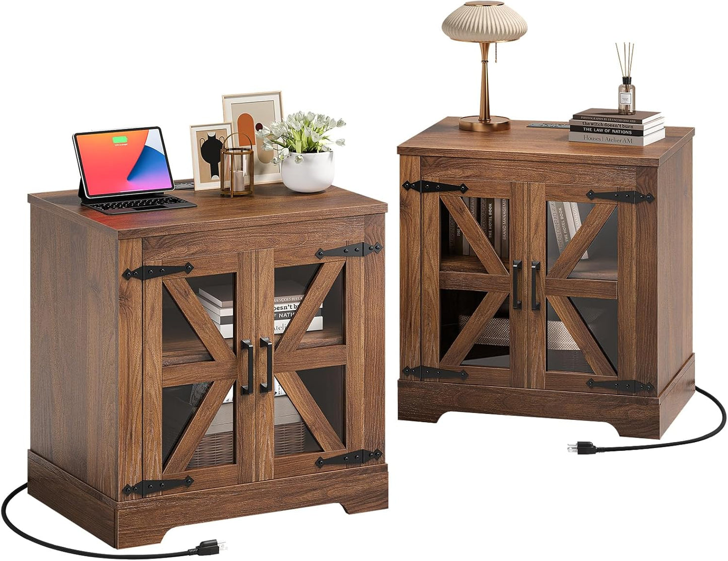 Farmhouse Side Table - 24" Large Night Stand Set 2, Wood Nightstand with Charging Station, Bedside Table with Adjustable Shelf, End Tables Living Room, Rustic Bed Side Tables Bedroom, Walnut