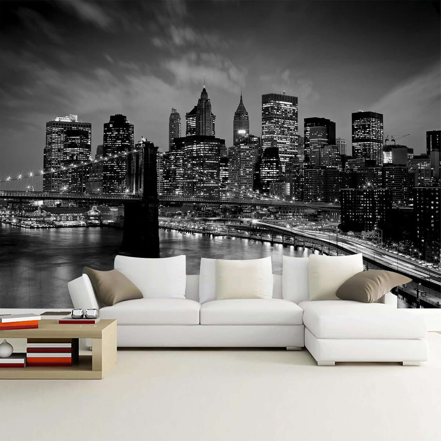 WFBHUA-Brooklyn Bridge Wall Mural Black New York City Landscape Photo Wallpaper for Living Room Bedroom(Not Peel and Stick)