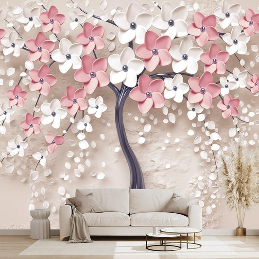 3D Relief Abstraction Pink Flowers Tree Mural Bedroom Floral Wallpaper Room Decor Living Room tv Background Large Wall Mural - 137"x96" (Not Peel and Stick)