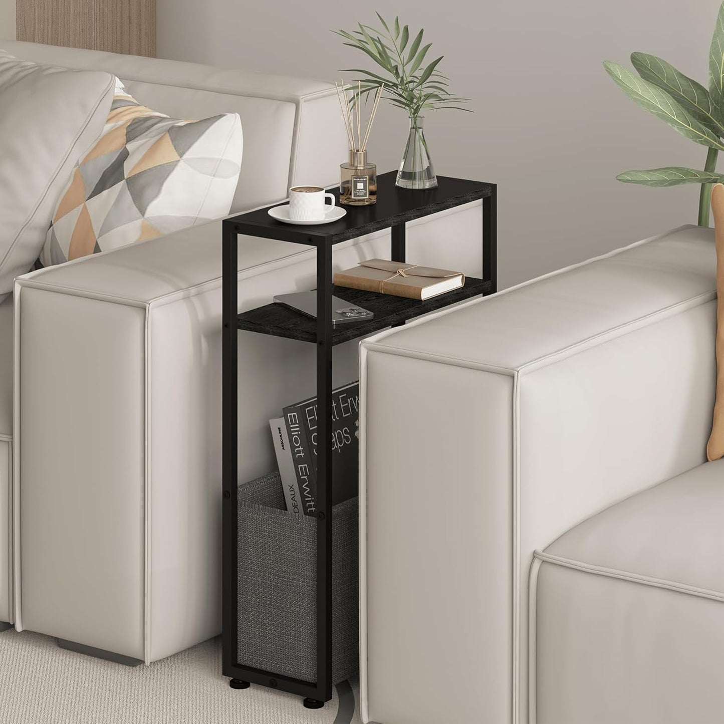 Narrow Side Table, Slim End Tables with Fabric Basket, Skinny Table for Small Spaces, Thin Bedside Table for Living Room, Bedroom (1, Ebony Black + Slate Gray)