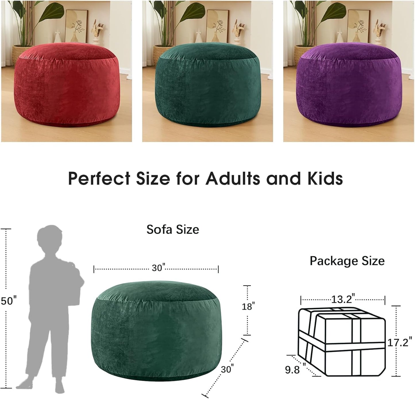 Bean Bag Chairs for Kids - Memory Foam Furniture BeanBag Chair - Kids/Teens Sofa with Soft Micro Fiber Cover - Round Fluffy Couch for Living Room Bedroom College Dorm - 2.5 ft, Green