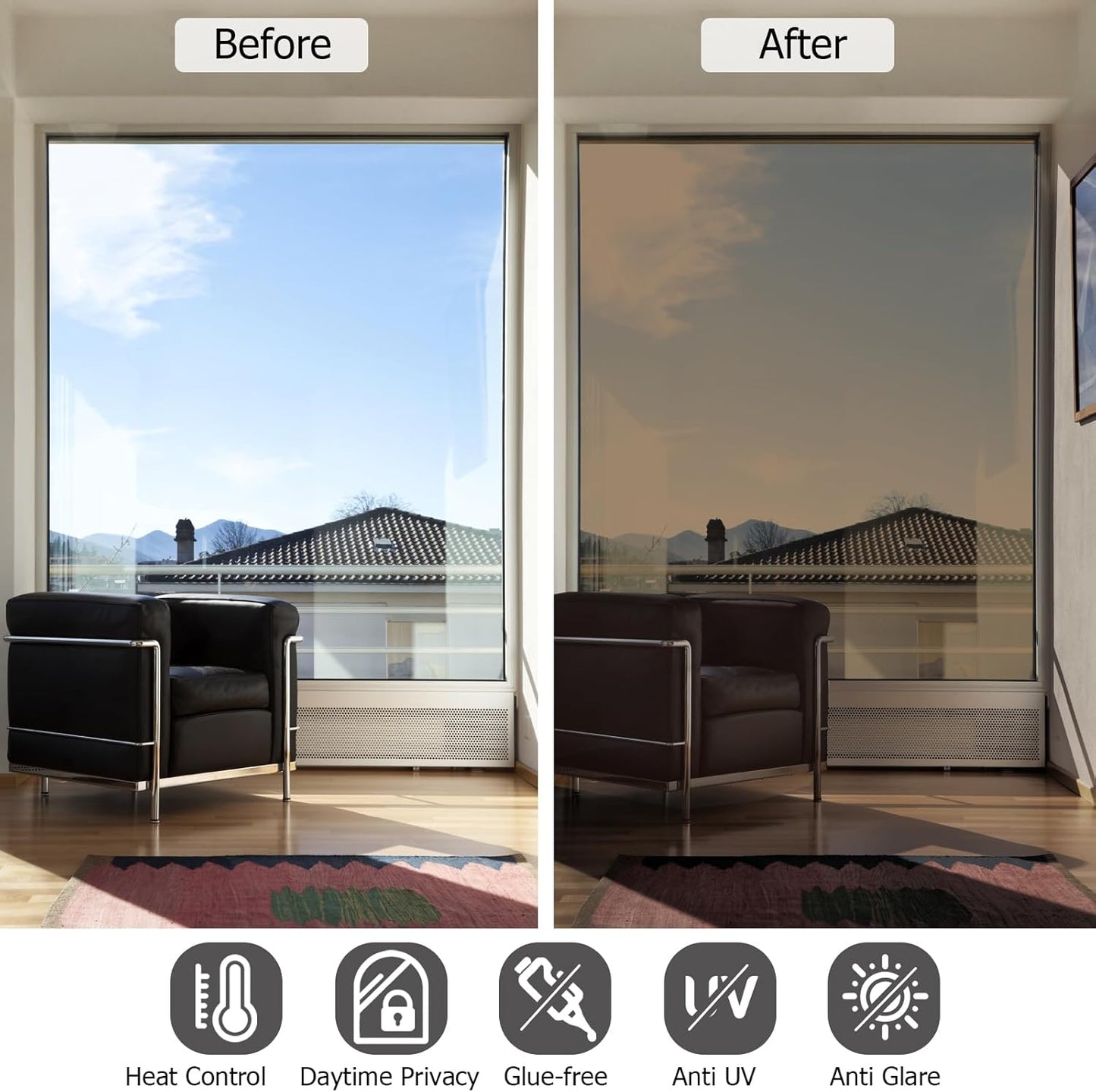 HIDBEA One Way Mirror Window Film, Daytime Privacy Sun Blocking Reflective Window Film Static Cling Heat Control Window Tinting Film for Home and Office, Brown Silver, 35.4 x 393.7 Inch