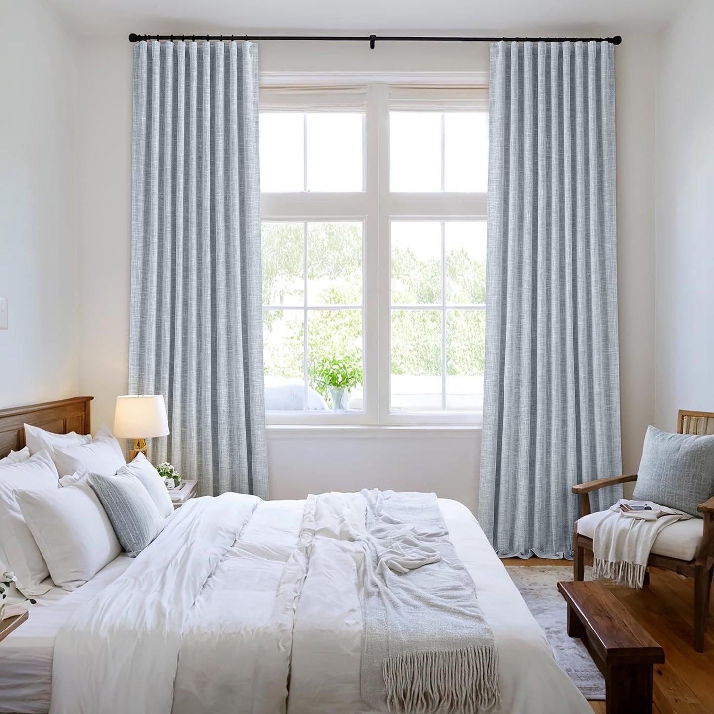 MIULEE Light Blue 100% Blackout Linen Curtains 84 Inch 2 Panels Set Double Sided No Coating Pleated Back Tab Black Out Long Thermal Insulated Pinch Pleat Bedroom Living Room Darkening Window Drapes