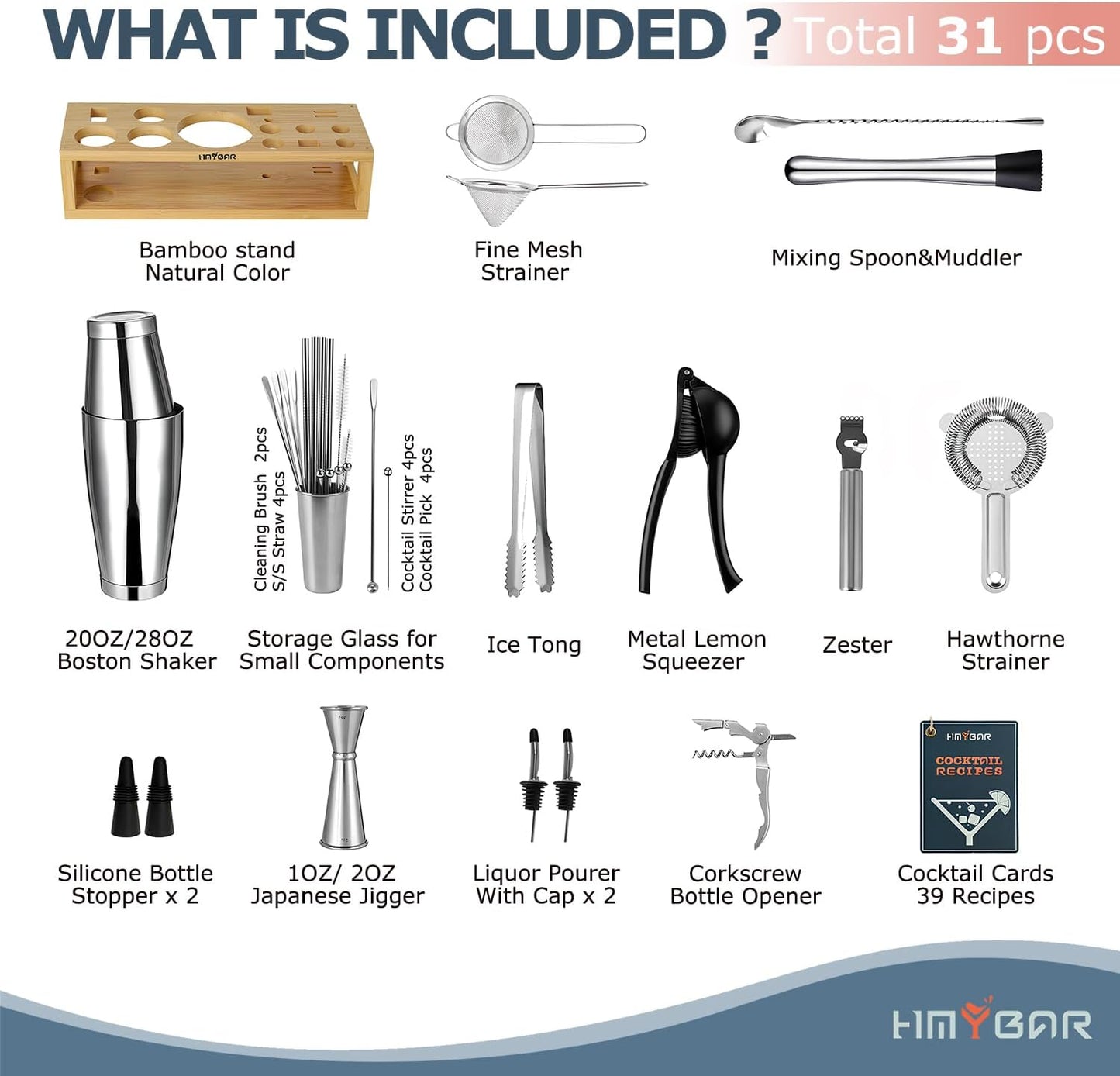 HMYBAR® Mixology Bartender kit | Cocktail Shaker Set | Boston Shaker Set, 20/28 OZ | Martini Making Set for Home Bar.Total 31 pcs incl 39-Recipe Cocktail Cards. Silver Tools. Bamb Stand Natural Color