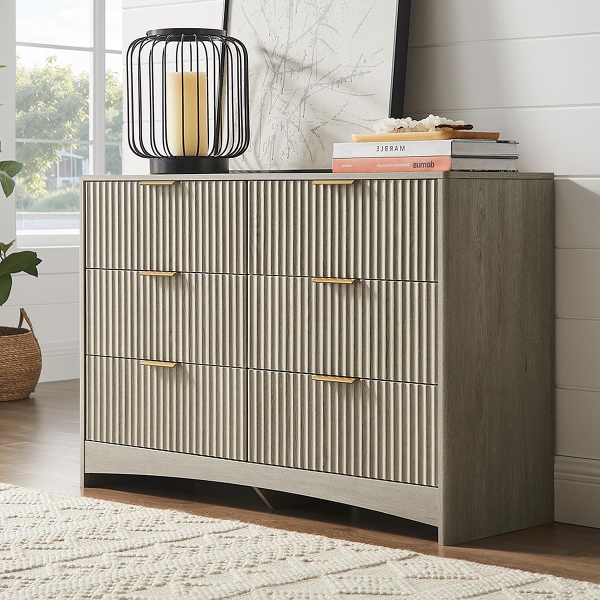 Pipishell Fluted 6 Drawers Dresser for Bedroom, 47" Wooden Drawers with Metal Handle, Dressers with Round Corner Design, Closet Storage Organizer for Bedroom, Hallway, Grey