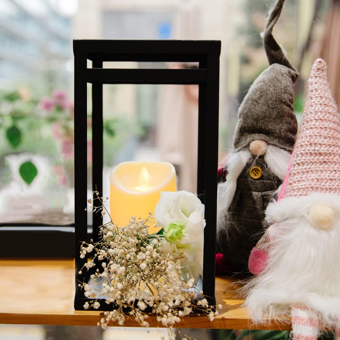 HPC Decor Black Metal Candle Lanterns Set of 2- Lanterns Decorative w/ LED Timer Candles- 15.8'' & 12.6'' Chunky Modern Farmhouse Lantern Decor for Indoor,Outdoor,Fireplace,Porch (No Glass)