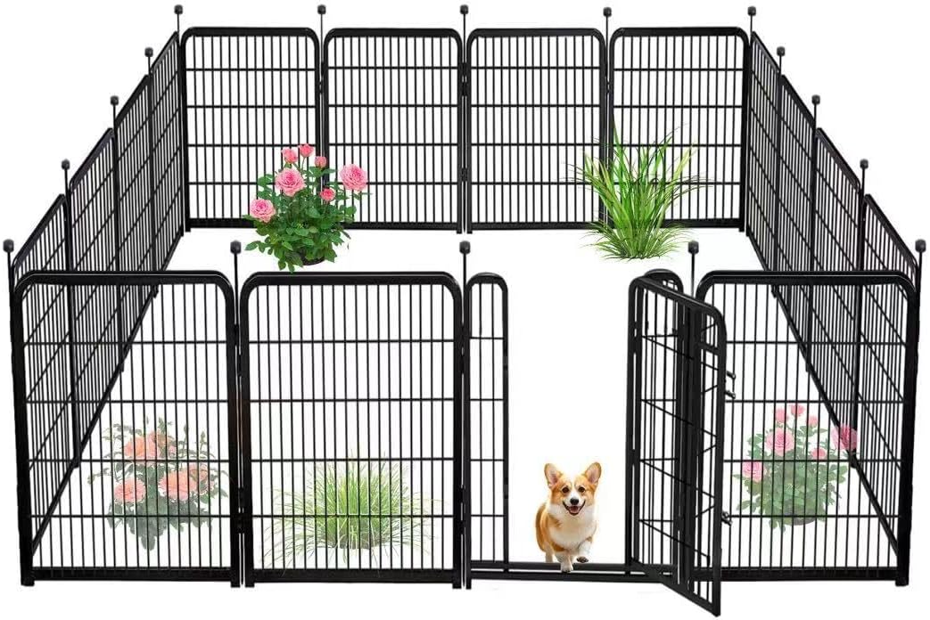 12 Panels Tall Garden Fence Animal Barrie, 48 in(H) X26.6 Ft(L) Wide Door Low Threshold Dog Fence, Black Pet Fence Outdoor, Garden Fence with Gate, Dog Fences Outdoor for Yard