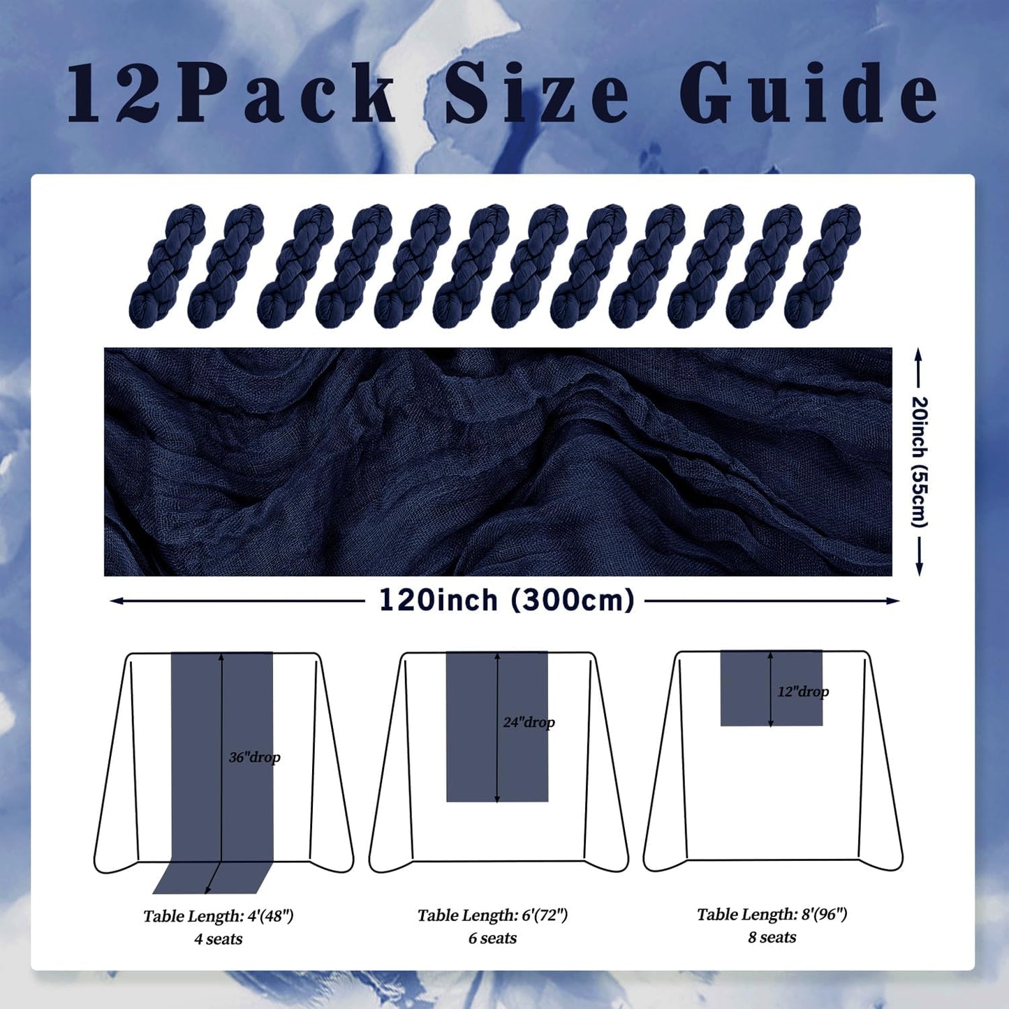 12 Pack Navy Blue Cheesecloth Table Runner 10FT Boho Fabric Rustic Cheese Cloth Table Runner for Wedding Bridal Shower Baby Shower Gauze Sheer Birthday Party Table Decorations 20 x 120 Inch Long