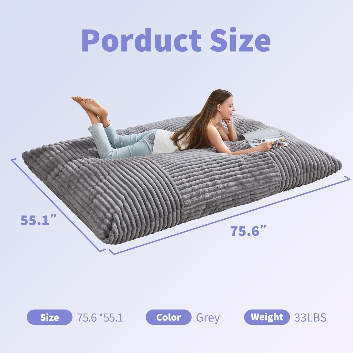 Hobestluk 3 in 1 Bean Bag Chair Giant Bean Bag Chairs Convertible Bean Bag Floor Cushion with Machine Washable Cover, Beanbag Chairs for Adult (Grey)