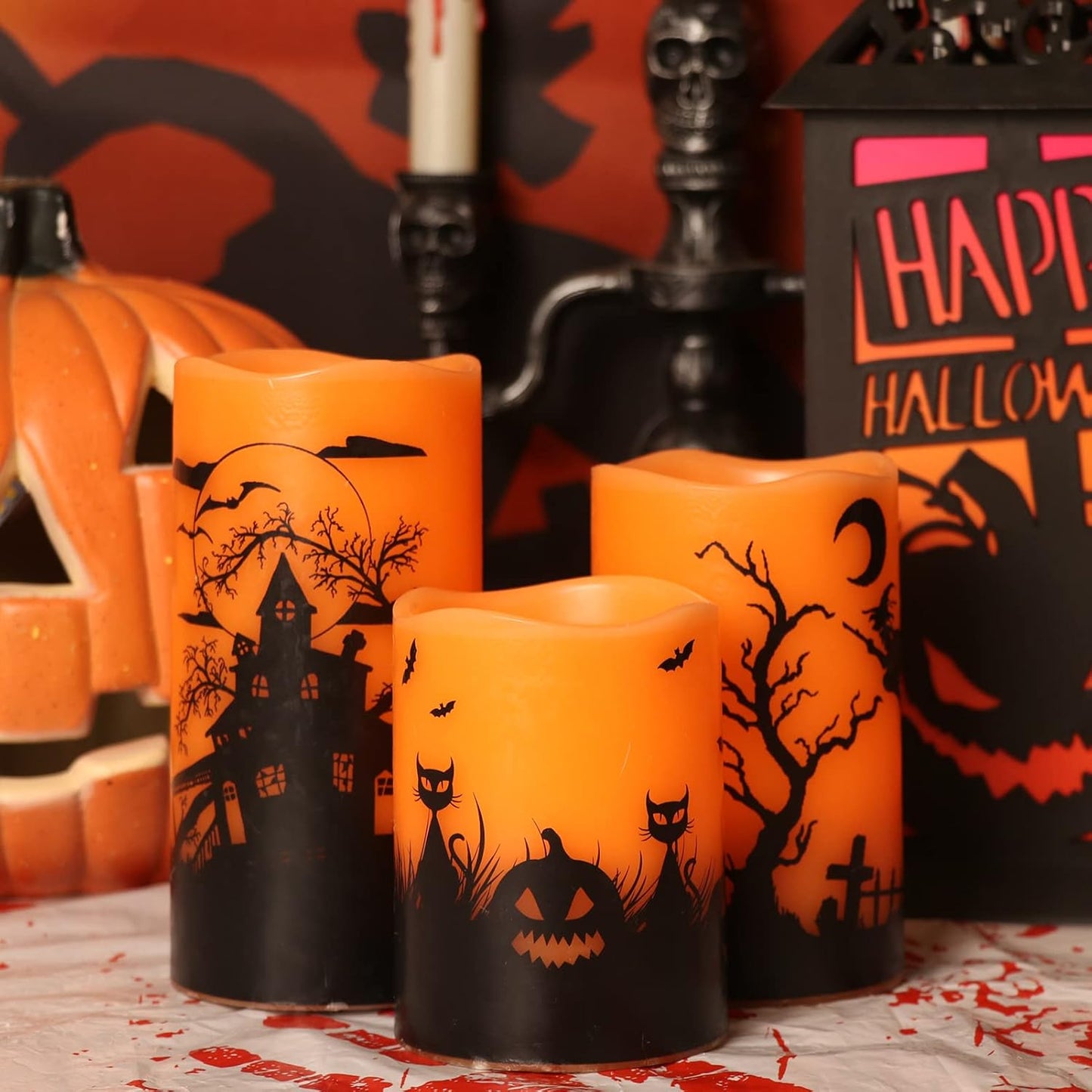 Wondise Halloween Flickering Flameless Candles with 6 Hour Timer, Battery Operated LED Real Wax Candles Set of 3 Halloween Home Decoration Gifts(3 x 4 5 6 Inch)