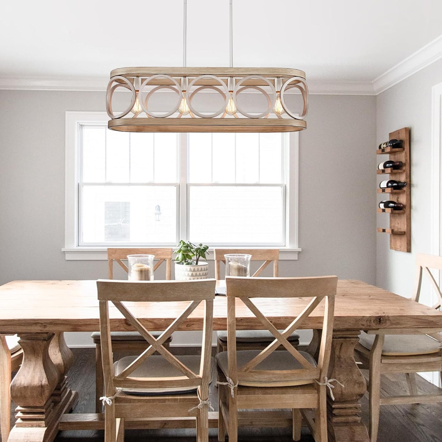 XINGQI Kitchen Island Chandelier for Dining Room Modern Farmhouse Rectangle Pendant Lighting Fixture Vintage Linear Hanging 4-Light Rustic Living Room, Antique Brushed Nickel and Wood Grain Finish