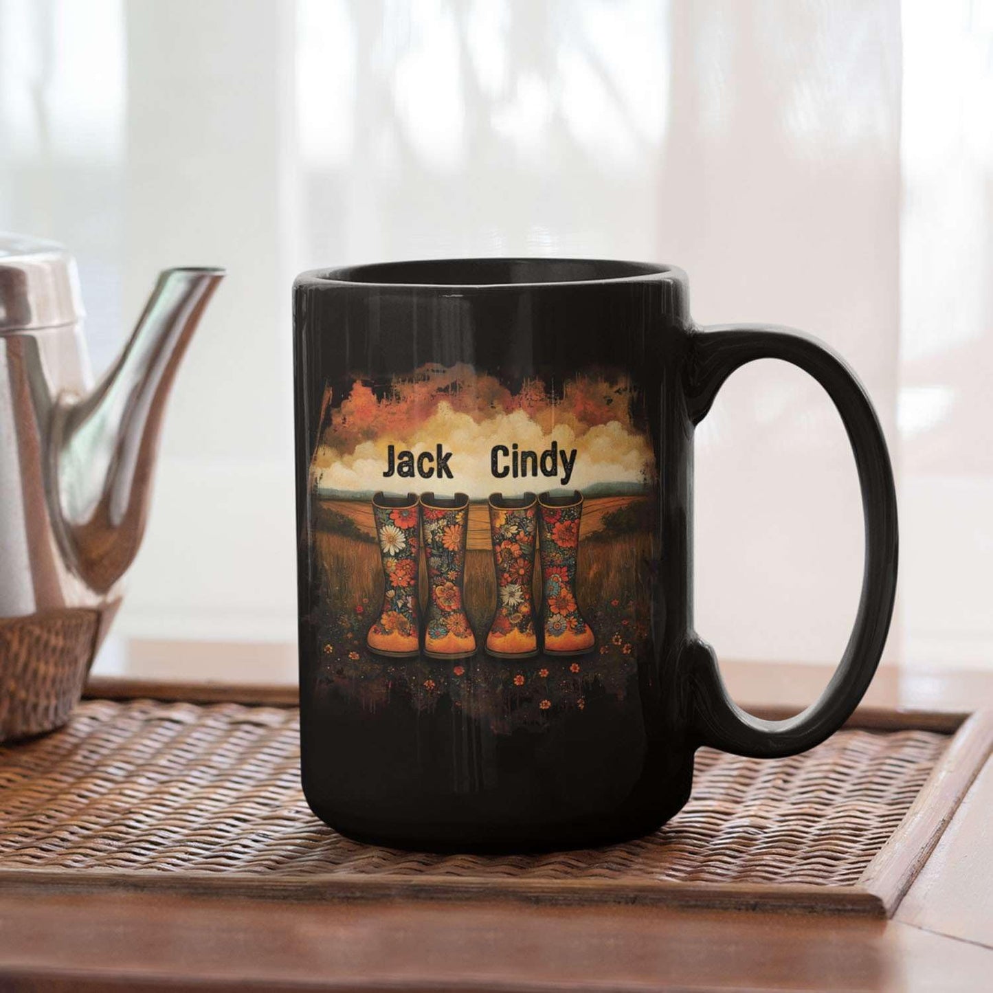 Custom Couple Mug with Floral Boots Design, Personalized Name Coffee Mug 11oz 15oz, Fall Inspired Ceramic Coffee Cup, Custom Autumn Scene Black Cup, Gifts for Boyfriend, Girlfriend