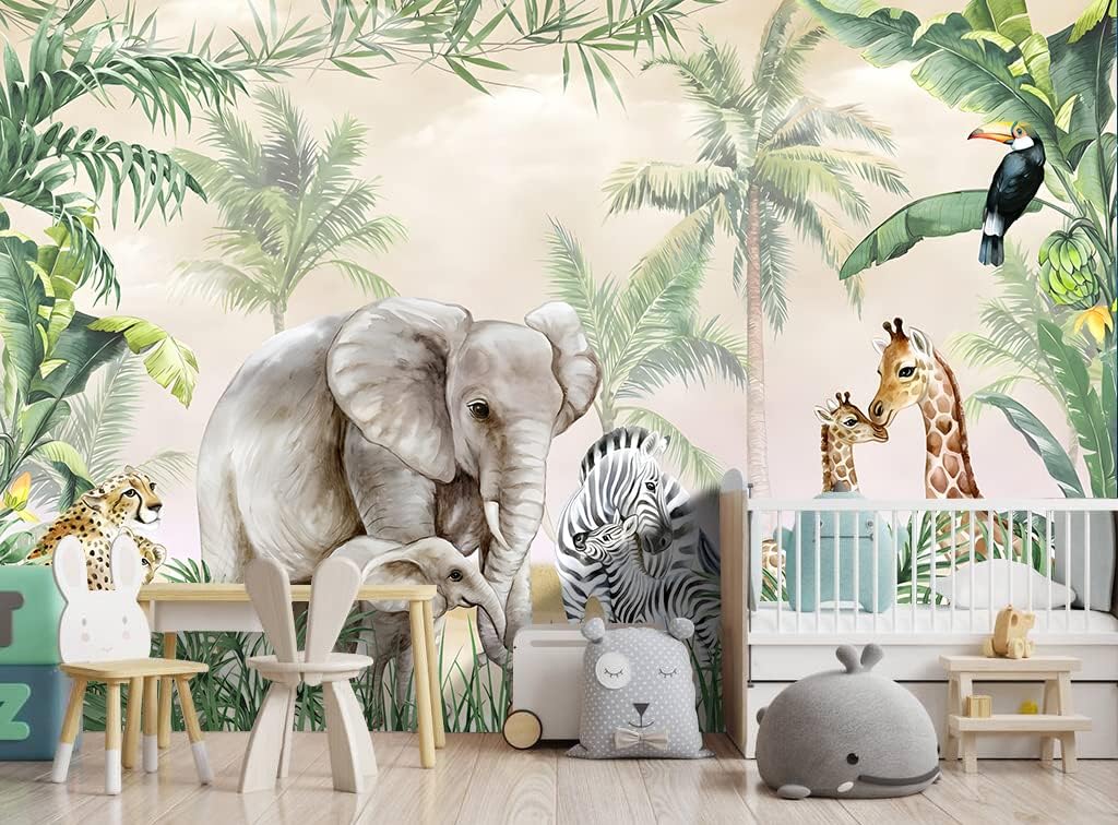 Tropical Animal Plants wallpeper Nursery Kids Bedroom Elephant Wall Mural - 91"x65"（Not Peel and Stick）