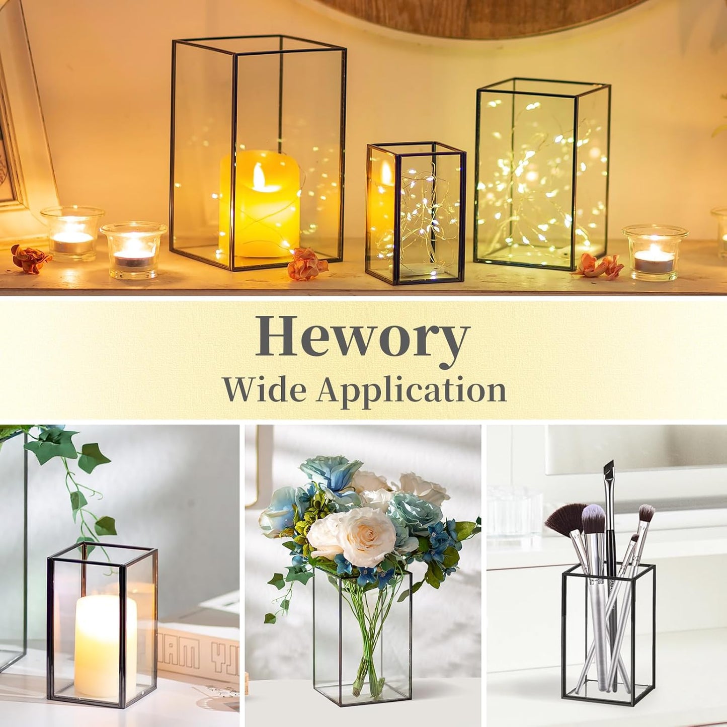 Glass Hurricane Candle Holder Large - Hewory 3pcs Black Rectangle Flower Holders Centerpiece for Table, Tall Floor Square Pillar Candle Lantern for Wedding, Anniversary, Party, Fireplace, Dining Room
