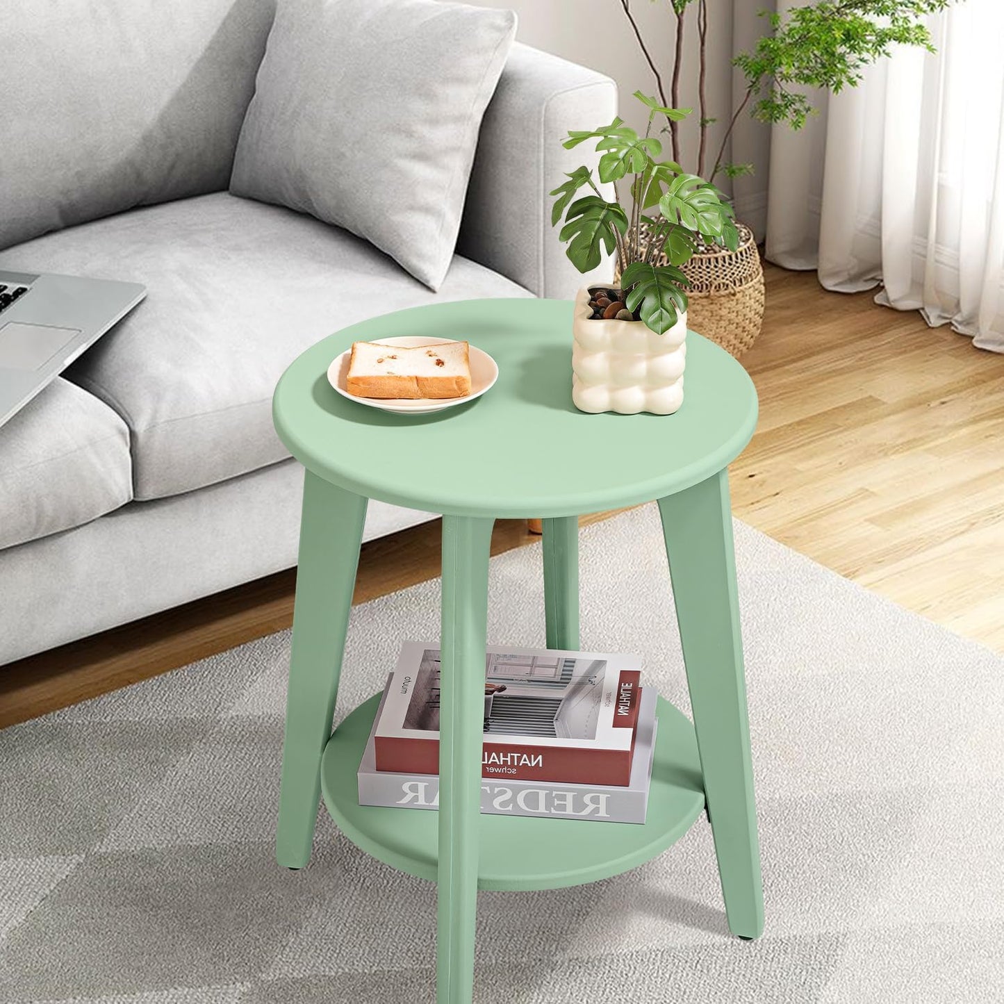 Round Side Table Green Wooden End Table with Lower Shelf Rustic Vintage Nightstand Beside Table for Living Room Bedroom Small Spaces
