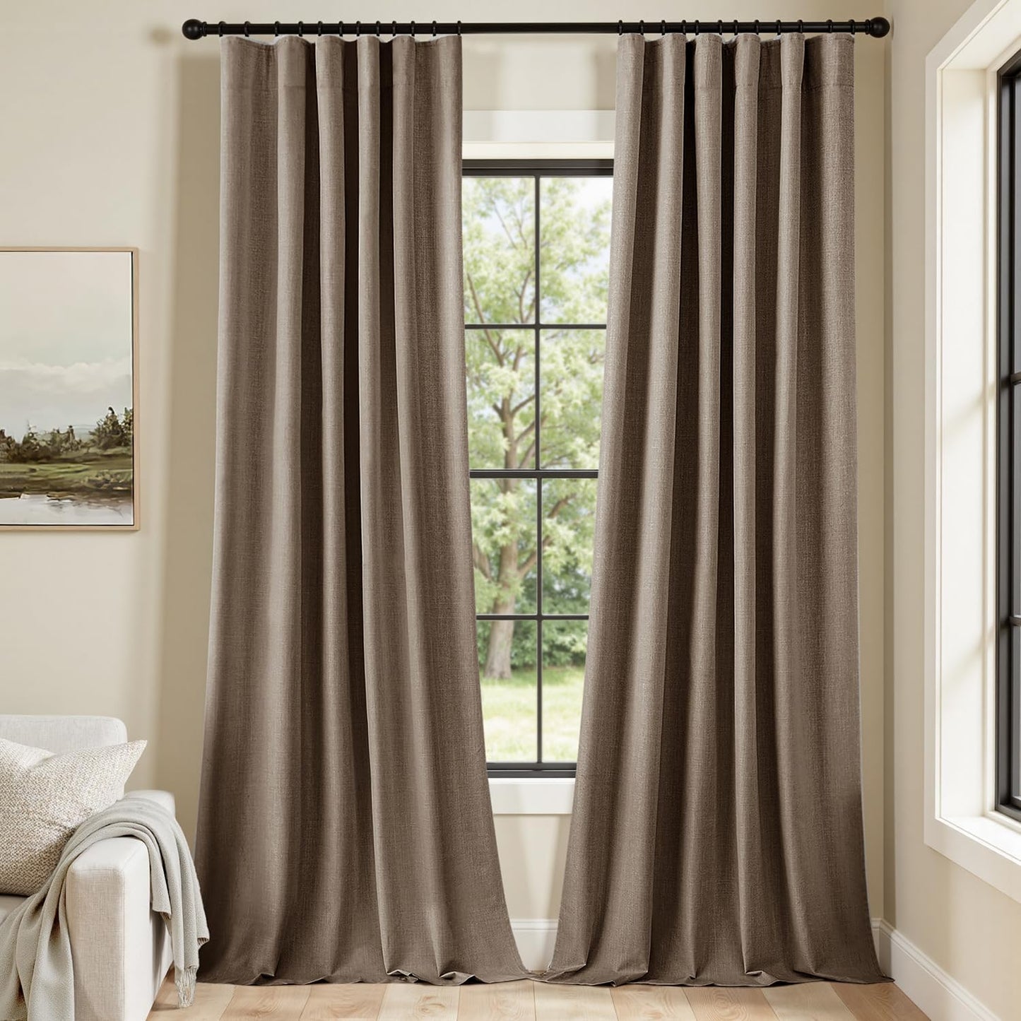 MIULEE 100% Blackout Curtains 90 Inch Long 2 Panels Set for Bedroom, Thick Faux Linen Black Out Curtain Room Darkening Back Tab Pleat Window Textured Drapes with Hooks for Living Room, Dutch Cocoa