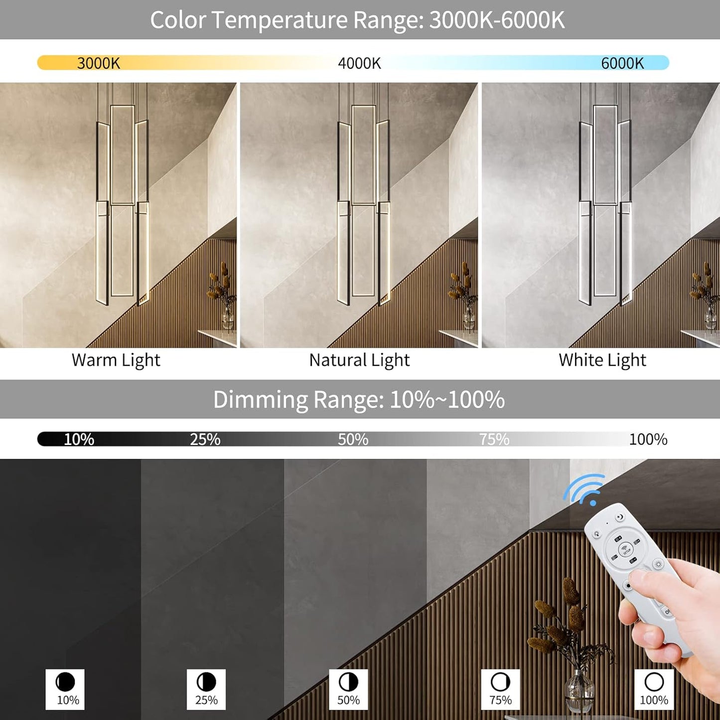 Modern Led Chandelier - Adjustable Black Lighting Fixture for High Ceiling, Suitable for Living Room, Staircase, Villa