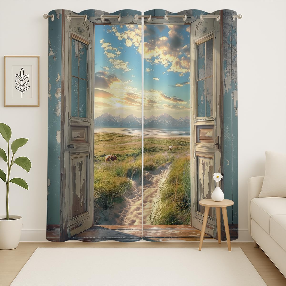Landscape Blackout Curtains for Girls Boys Home Decor, Cow Sunset Grassland Mountain Natural Scenery Grommet Thermal Insulated Drapes Darkening Window Curtain for Bedroom Living Room, 84 x 84 Inch