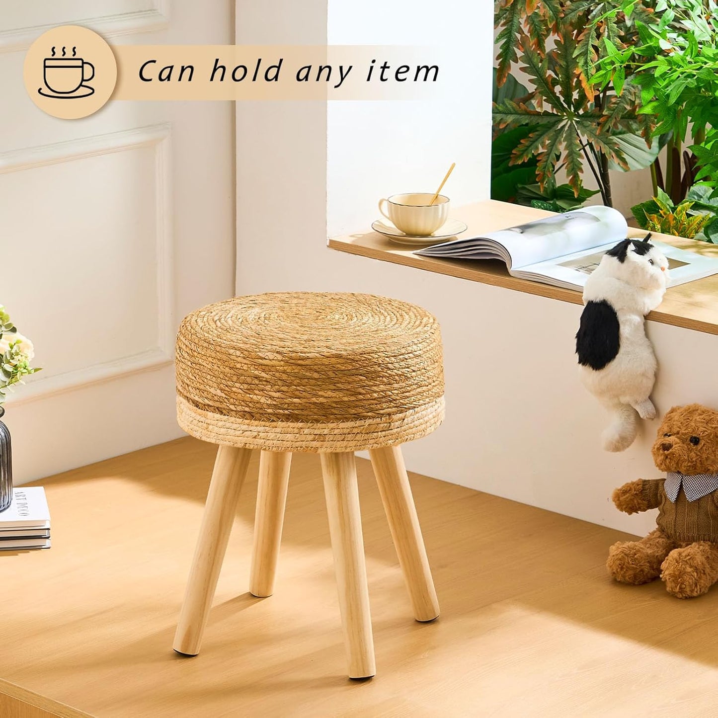 Handwoven Outdoor Ottoman, Water Hyacinth Pouf Round Patio Footstool with Wood Legs, 17-Inch Multipurpose Vanity Stool, Dining Chair, Patio Footrest for Balcony and Garden, White