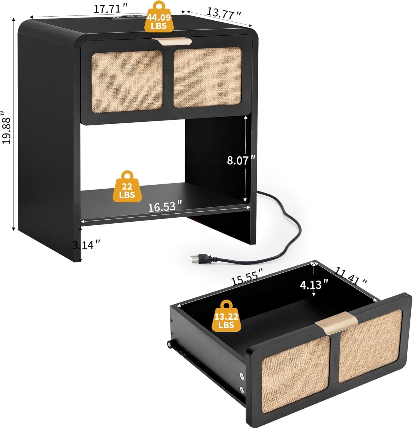 LEVNARY Nightstand with Charging Station, Mid-Century Modern Bedside Table with Curved Top Corners and Fabric-Like Textured Drawer, Wooden End Table for Farmhouse Bedroom Living Room (1, Black)
