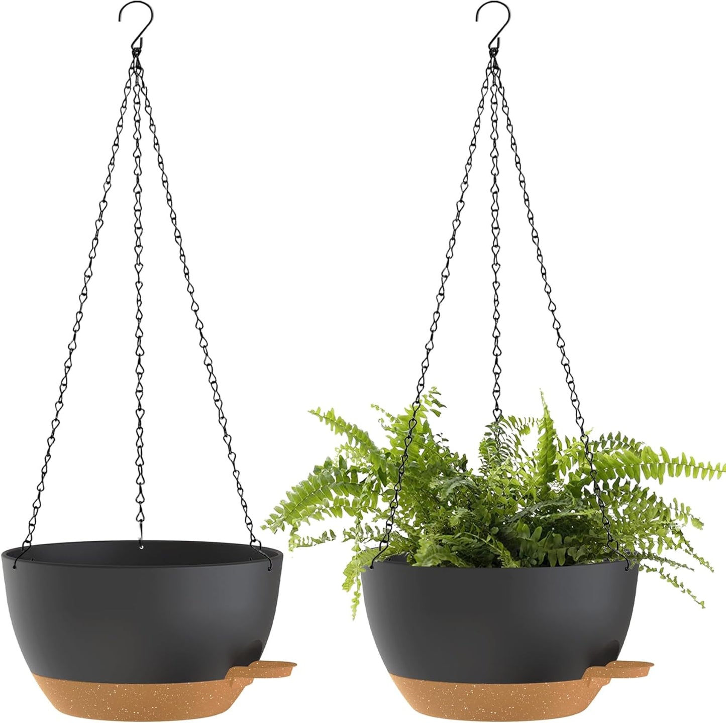 12 Inch Hanging Baskets 2 PC with Chains, Self-Watering Hanging Planters for Indoor Outdoor Plants, Plastic Hanging Flower Pots,Black Brown