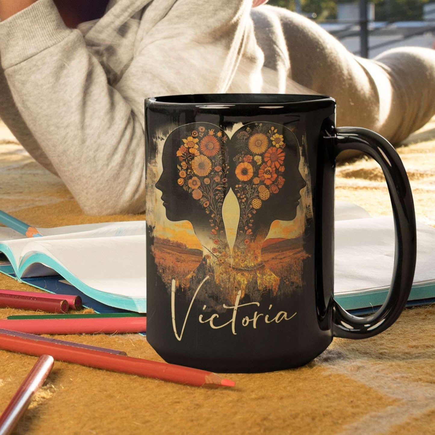 Personalized Autumn Landscape Black Cup, Custom Name Coffee Mug 11oz 15oz, Custom Floral Silhouette Ceramic Cup, Gifts for Women, Zodiac Inspired Coffee Mug, Gifts for Birthday