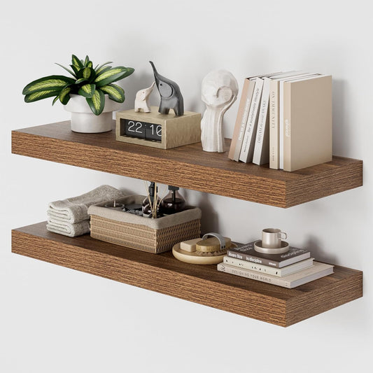 Heimlove 36 Inch Long Walnut Floating Shelf for Wall, 12" Deep Floating Shelves Wall Shelves for Bedroom Living Room Bedroom,Wall Mounted Shelves for Storage Book Decor, Set of 2