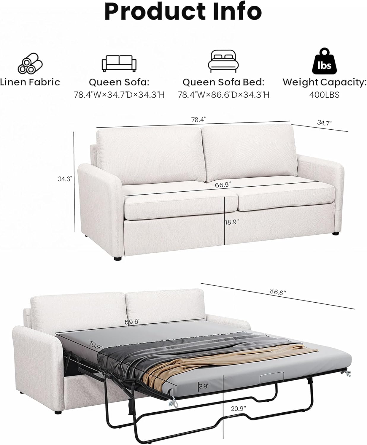 Queen Pull Out Sofa Bed, 2-in-1 Convertible Sleeper Sofa Couch with Memory Foam Mattress, 3-Seater Sofa Bed Queen with Arms for Living Room & Small Spaces, Beige