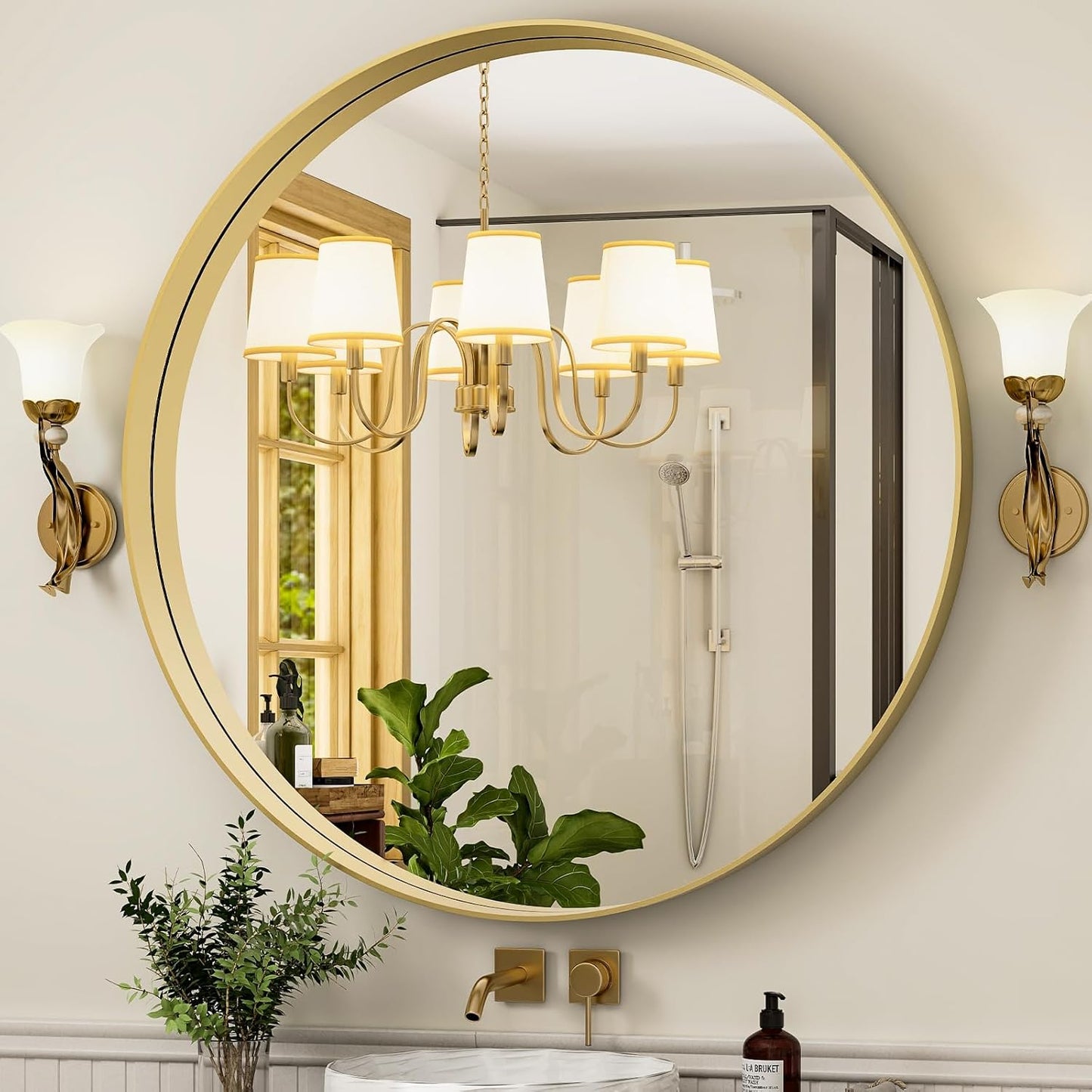 24 Inch Round Bathroom Mirror - Wall Mounted Circle Mirror with Metal Frame, Modern Mirror Suitable for Bathroom, Vanity, Entryway, Living Room, Wall Decor,Gold
